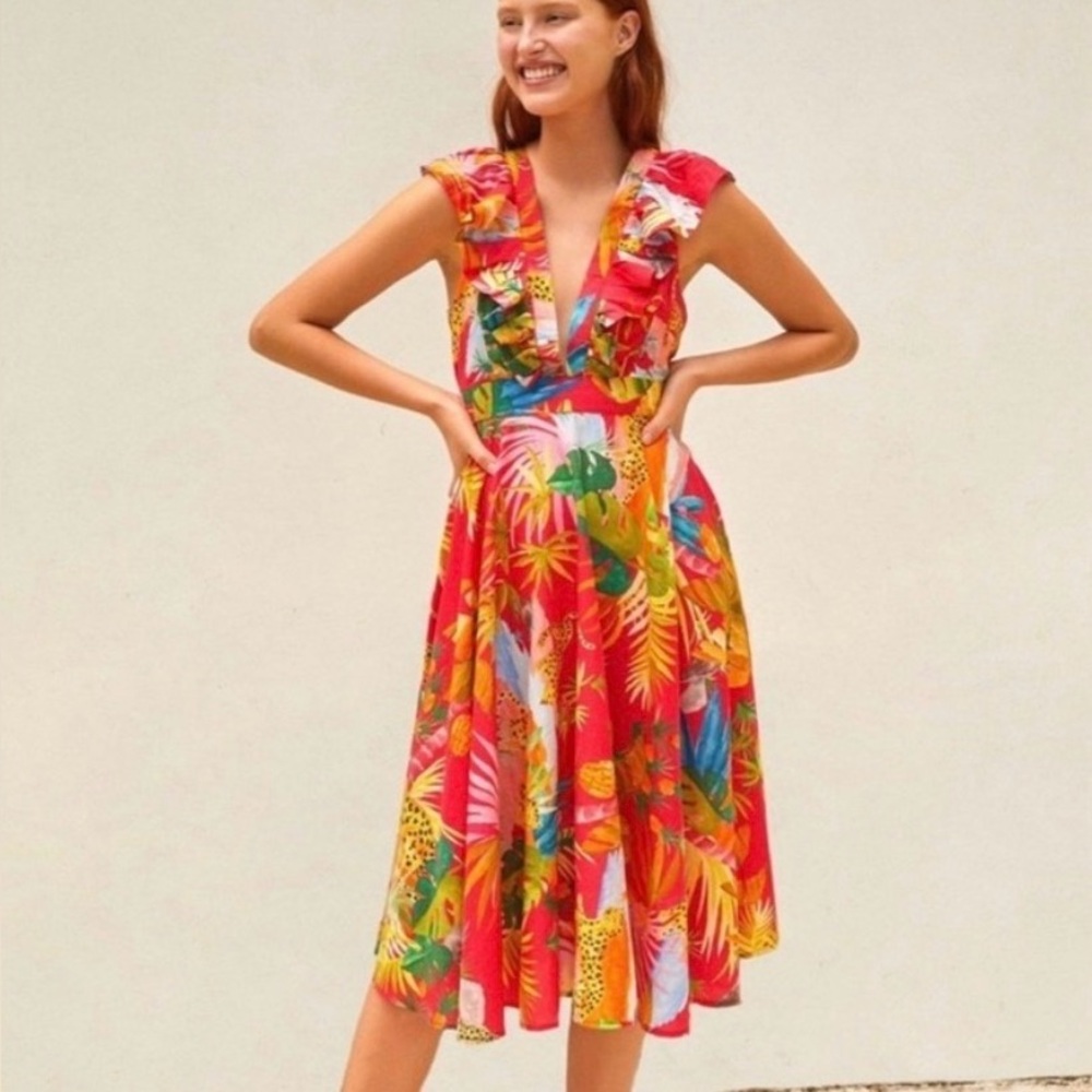 Farm Rio Tropical Print Ruffle Midi Dress